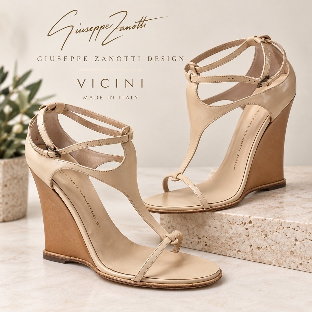 Giuseppe Zanotti Vicini Beige Leather T-Strap Wedge Sandals Size 8.5B Luxury